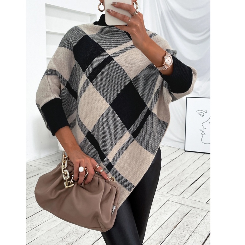 Plaid Poncho Style Sweater Turtleneck Beige Black - Picture 3 of 14